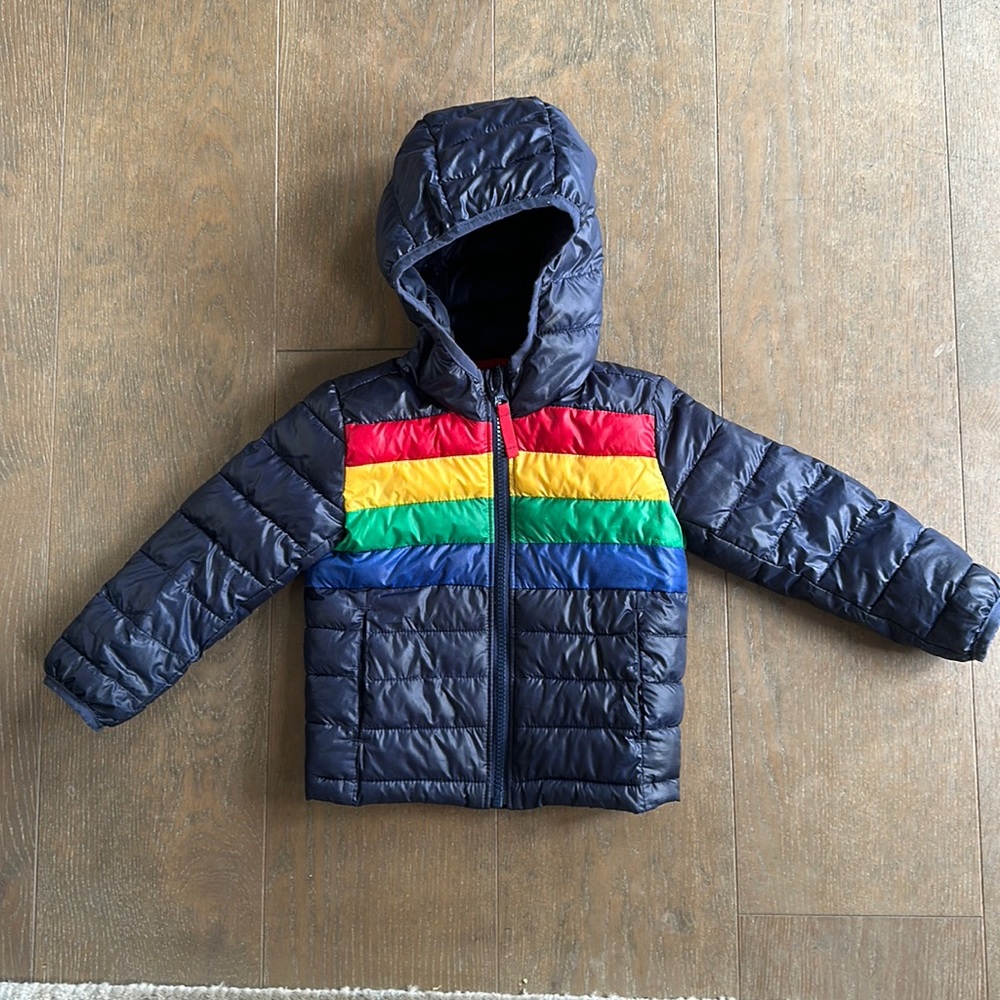 Primary Kids Puffer Jacket - Navy with Rainbow Stripes